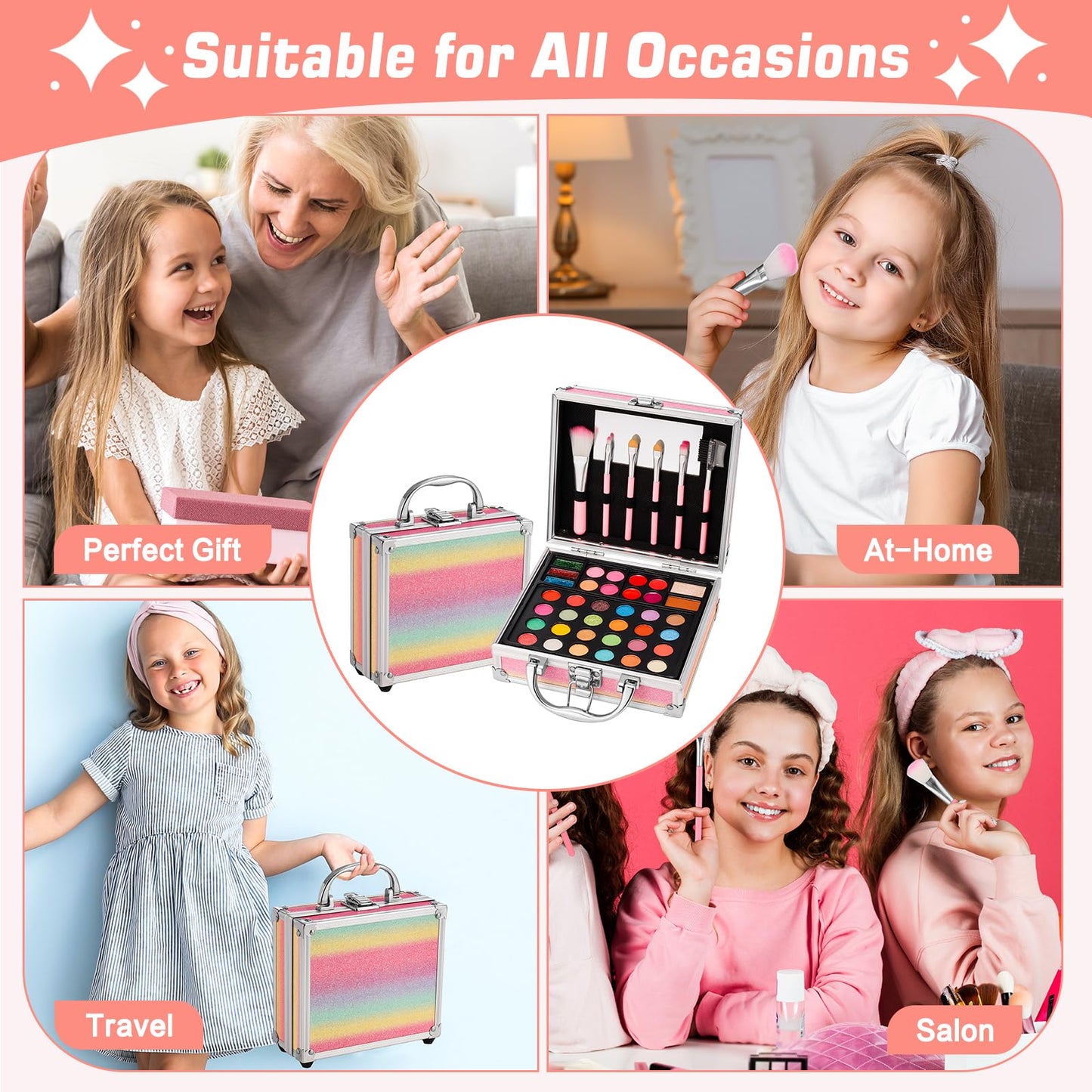 Anpro All-in-One Makeup Kit for Girls 10-12 with Case, Pro Teen Makeup Set, Tween Makeup Kit, Full Starter Make Up Kit with Brushes, Eyeshadow Palette, Blushes, Glitter Gel, Temporary Tattoo Stickers