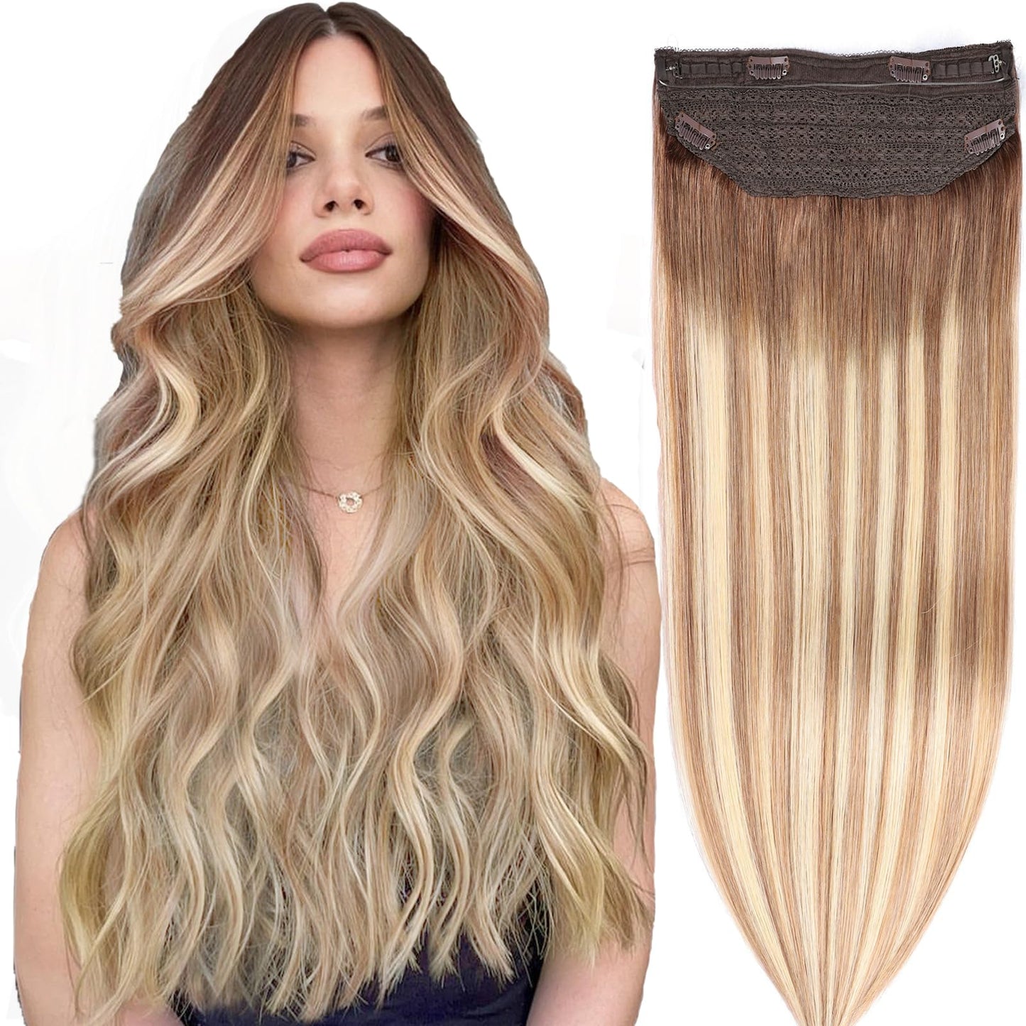 Halo Hair Extensions - Dark Brown to Gold Blonde and Bleach Blonde Adjustable Size Removable Secure，Halo Extensions Real Human Hair, 3/8/22 70g 14Inch
