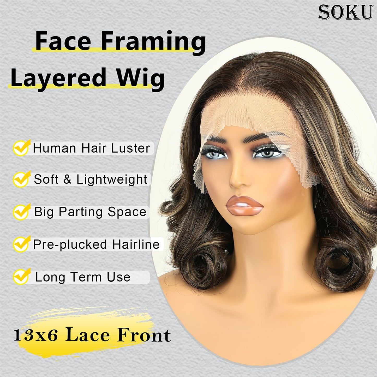 **SOKU 13x6 Lace Front Wavy Wig - 12 Inch Short Synthetic Wig for Black Women | Highlight Brown, Pre-Plucked, Glueless**