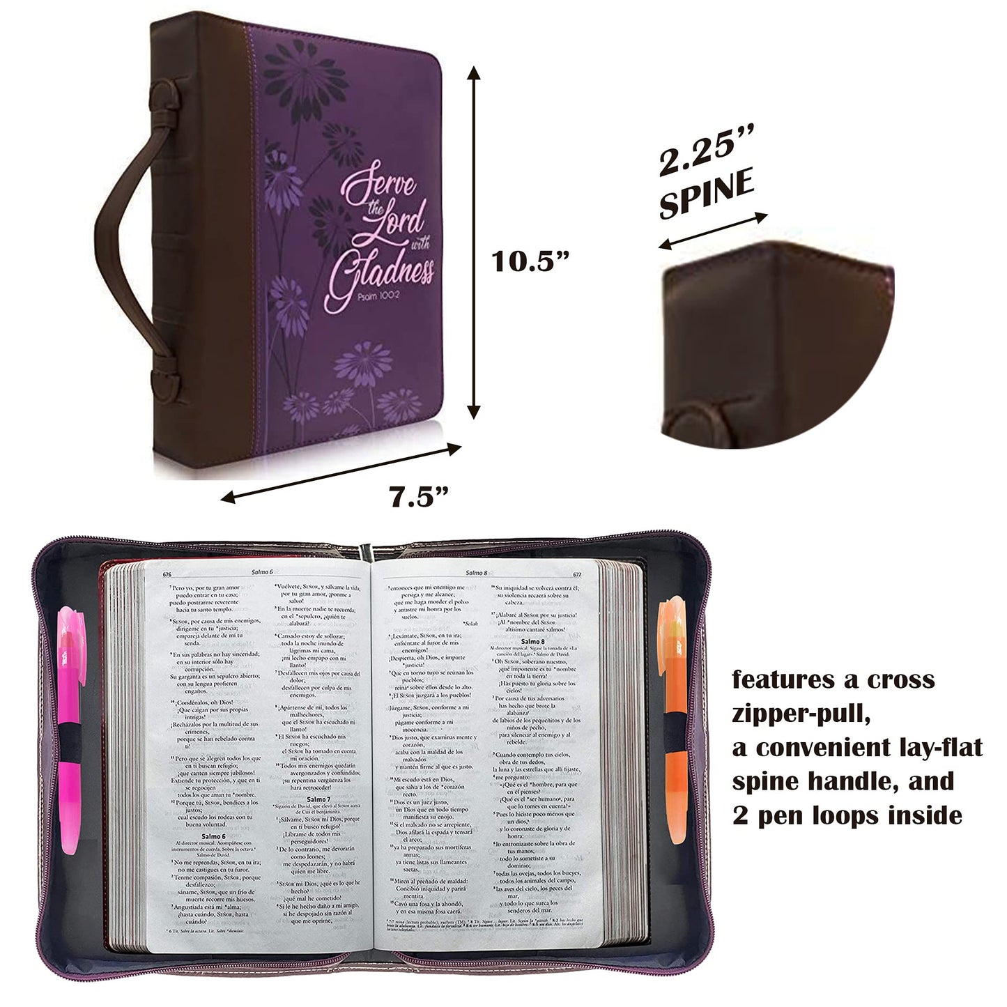 Performore Purple Stylish Fashionable Bible Bags for Women that says "Serve The Lord with Gladness" - Psalm 100:2, w/ 6 Assorted Gel Highlighter Pens in Snap PVC Wallet