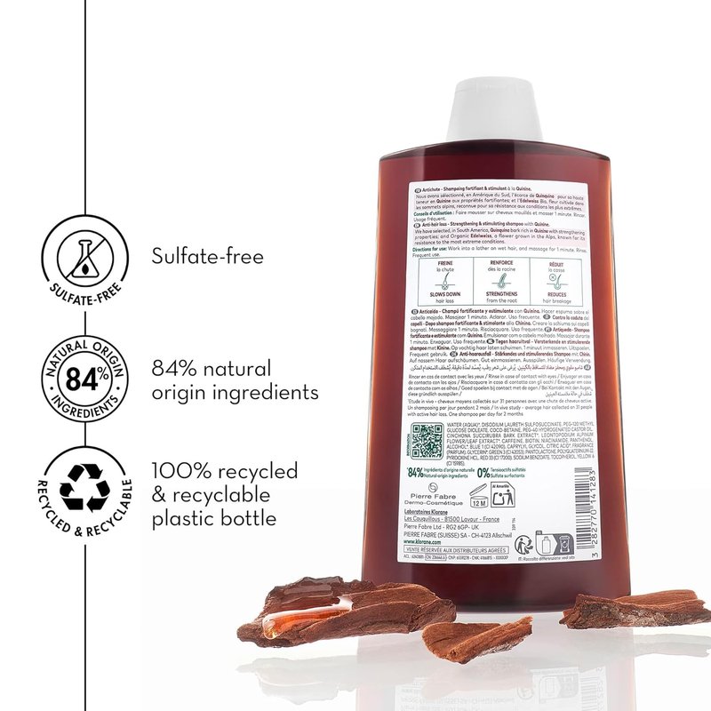 Klorane Strengthening Shampoo with Quinine - Natural Thickening Formula for Hair Thinning | 13.5 fl. oz.