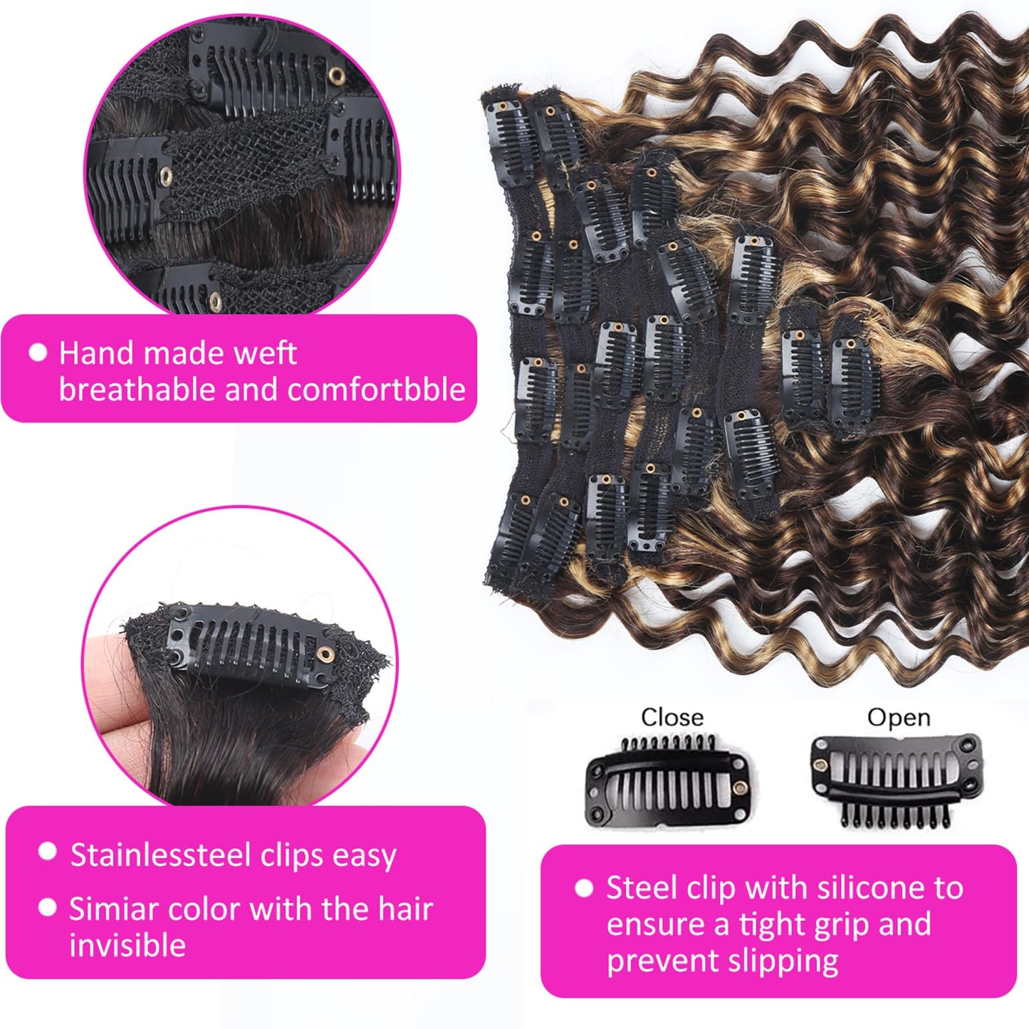 Curly Clip in Hair Extensions Real Human Hair 16inch 100g Invisible & Seamless 100% Brazilian Remy Human Extension Deep Wave Clip ins Extensions Double Weft 8 PCS with 20 Clips Highlight P427