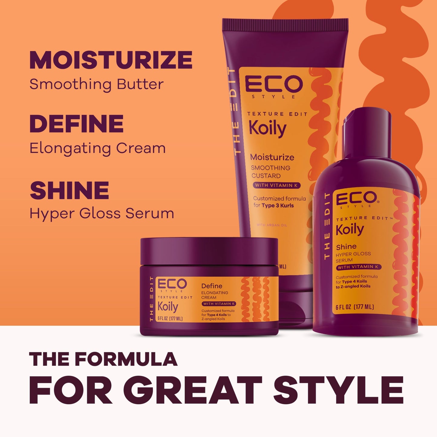 Eco Style Elongating Cream, Texture Edit, Koily Define Gel Para Cabello for Type 4 curly hair, 6oz.
