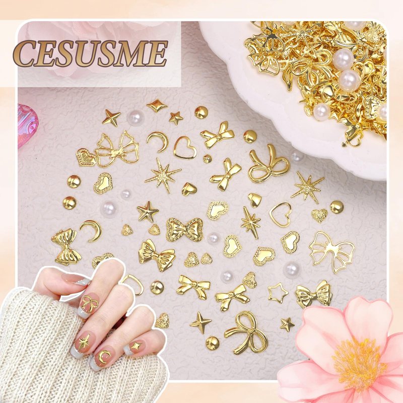 Gold Nail Charms Pearls, Heart Bow Nail Art Charms, Metal Cross Star Moon Nails Studs, Half Round Flatback Nail Pearls Charms, Caviar Nails Beads Charms for Nails Design DIY Craft