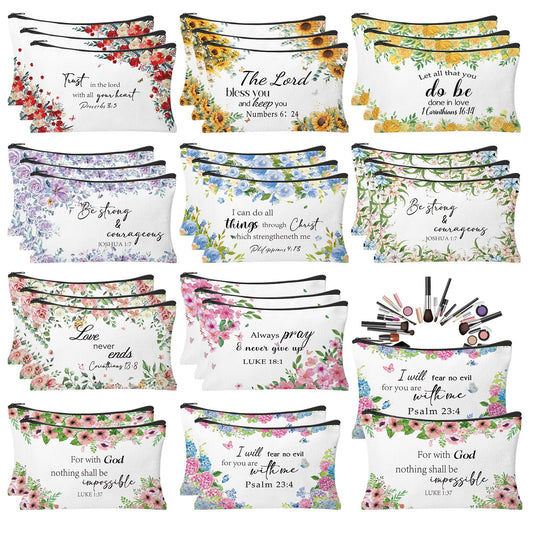 30Pcs Christmas Makeup Bags Canvas Cosmetic Bags with Zipper Portable Santa Gnomes Snowman Xmas Canvas Gift Bag Goodie Bag Travel Toiletry Pouch for Women Holiday Present Xmas Party Gift