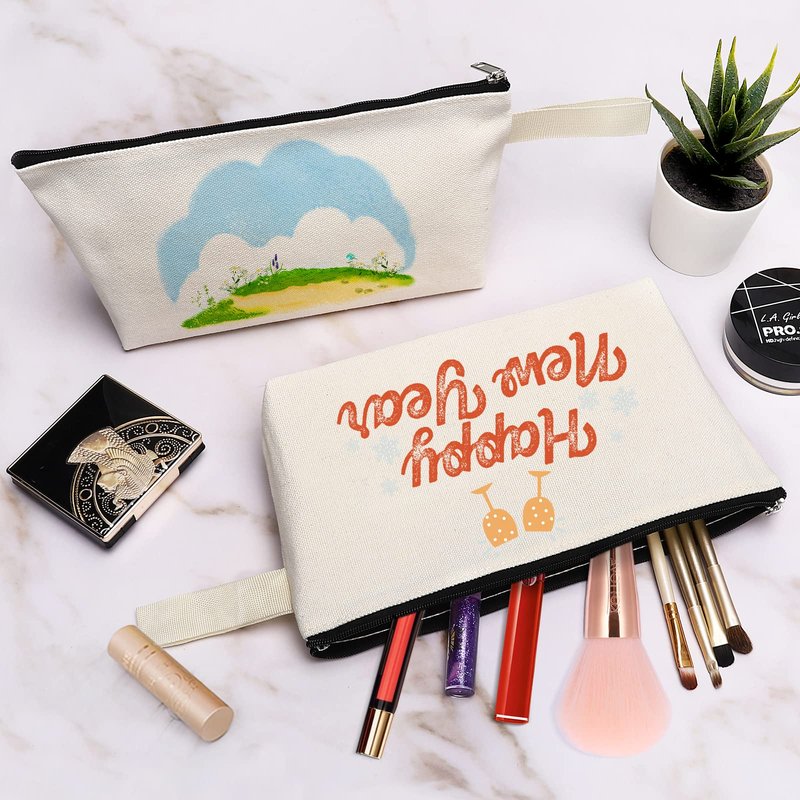 Sinzip 10 Pieces Cotton Canvas Makeup Bag with Bottom, Multi-Purpose Cosmetic Bag with Zipper Travel Toiletry Pouch, Blank DIY Craft Bag Pencil Bag (L, White) (MN-WB07)