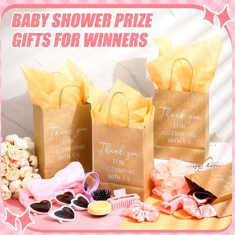 CraftyDream 6 Sets Baby Shower Prizes for Game Winners Thank You Gift Bags with Tissue Paper Sunglasses Square Hair Clip Hair Scrunchies Headband Bath Sponges for Baby Shower Bridal Shower Game Gifts