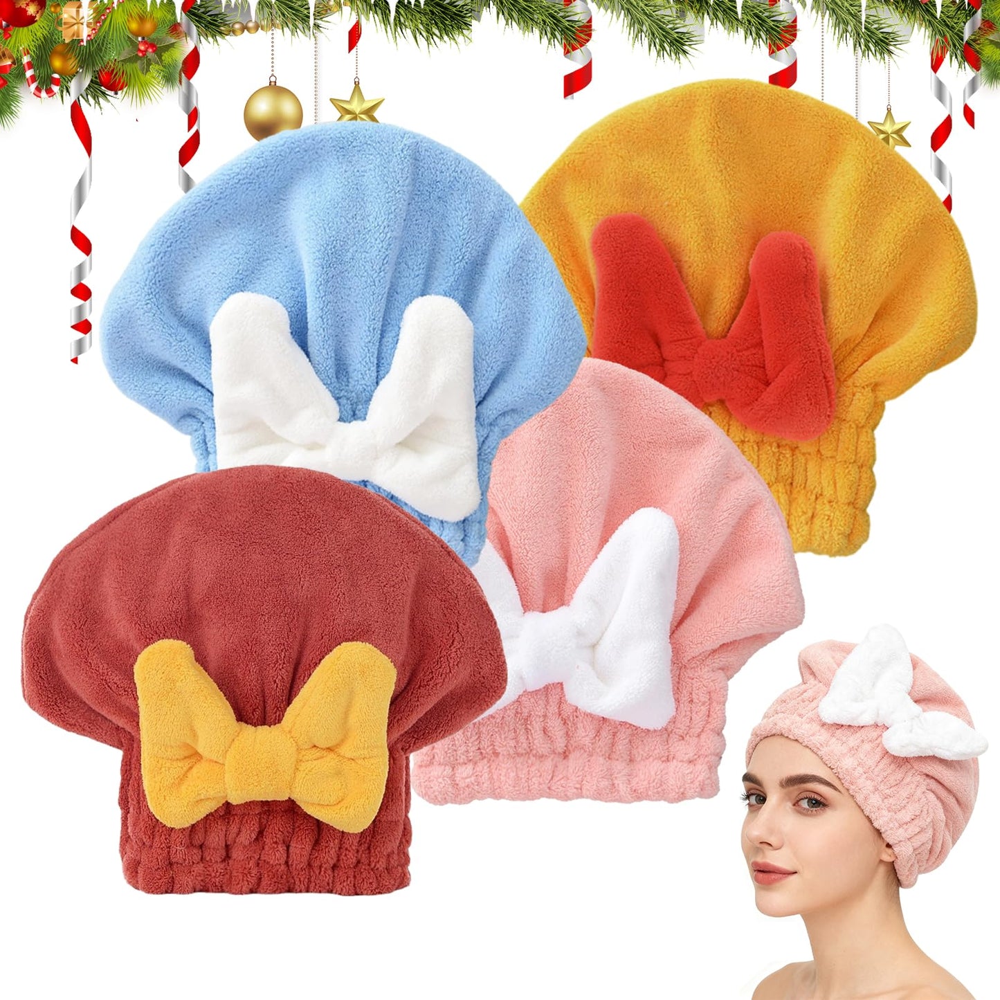 ploreatu Microfiber Hair Drying Caps, Christmas Absorbent Hair Towel Wrap for Women Wet Hair Quick-Drying Hair Towels, Soft Bow Tie Wet Hair Towel Wrap for Party Favors Goody Bag Filler (4 PCS)