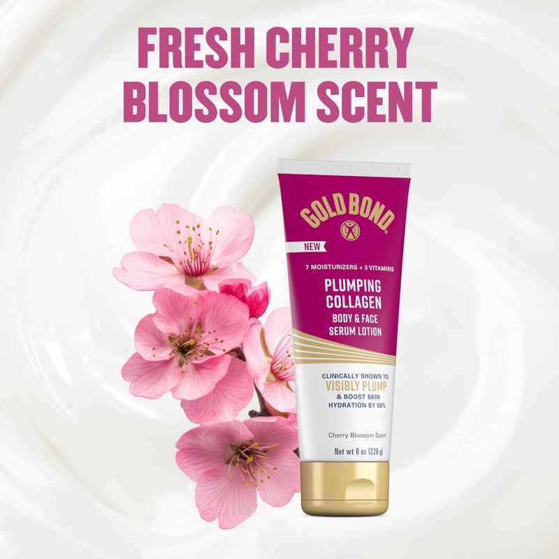 Gold Bond Plumping Collagen Body and Face Serum Lotion, Lightweight Hydrating Moisturizer with Collagen Peptide Complex, Jojoba and Grapeseed Oils to Visibly Plump Skin, Cherry Blossom, 8 oz, 2 Pack