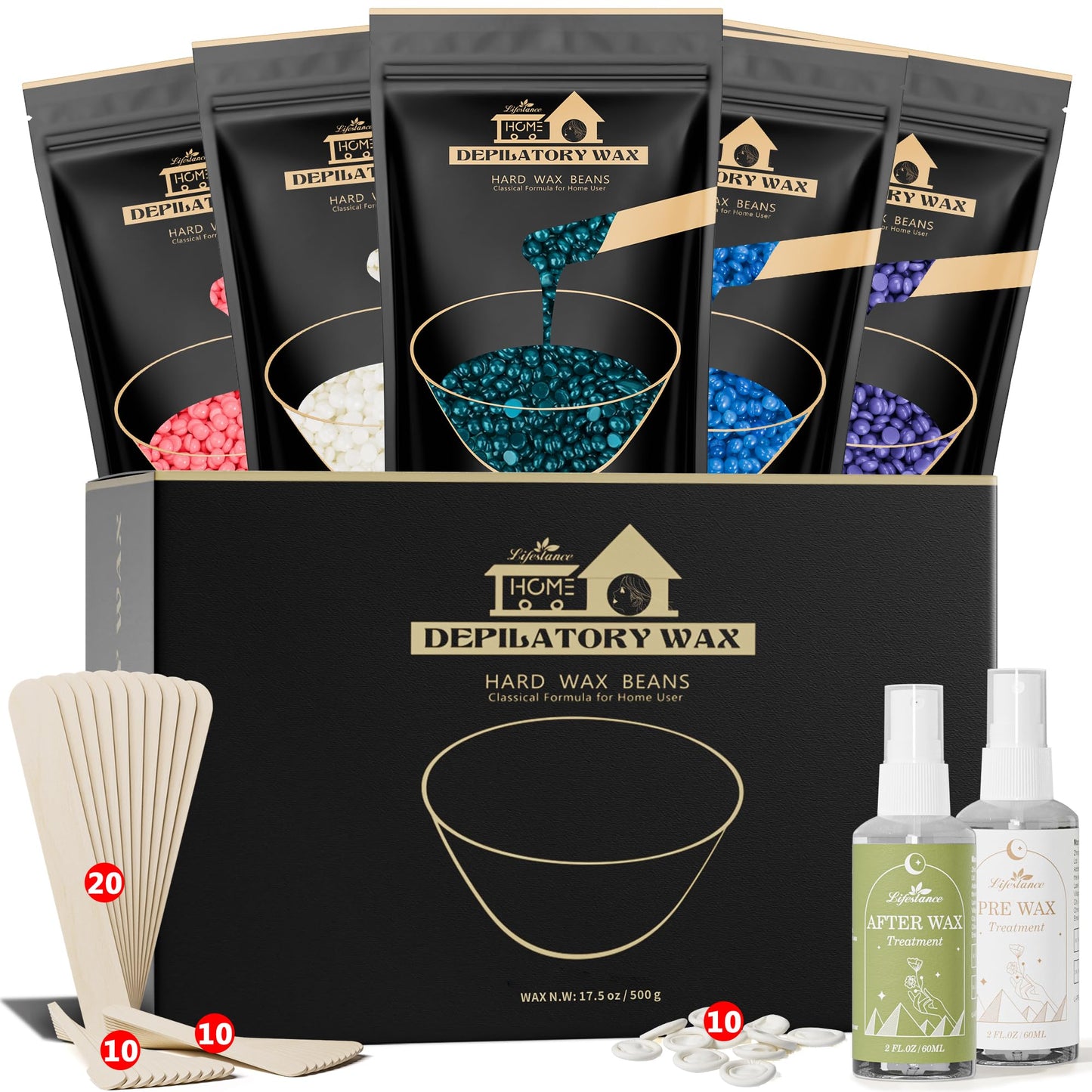 Lifestance Wax Beads Set, 5 Kinds of Waxing Beads, Hard Wax Beans with 57 Items Silicone Spatulas, Perfect for Any Waxing Warmers, Wax Beads for Hair Removal for Bikini Underarm Face Body