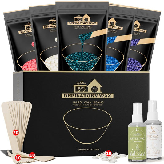 Lifestance Wax Beads Set, 5 Kinds of Waxing Beads, Hard Wax Beans with 57 Items Silicone Spatulas, Perfect for Any Waxing Warmers, Wax Beads for Hair Removal for Bikini Underarm Face Body