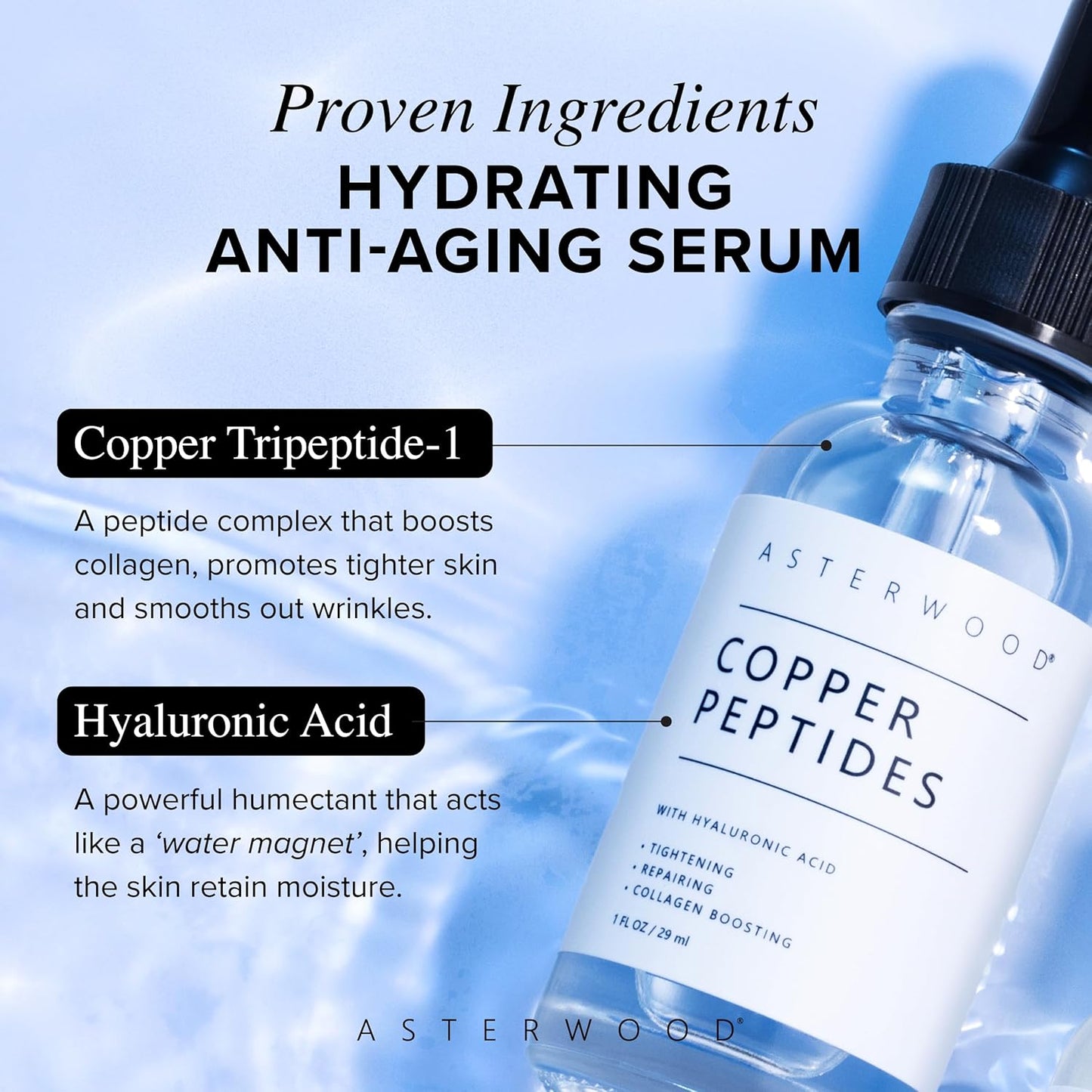 Asterwood Copper Peptides Serum - Collagen Boosting Face Treatment with GHK-Cu & Hyaluronic Acid | 2 Fl Oz