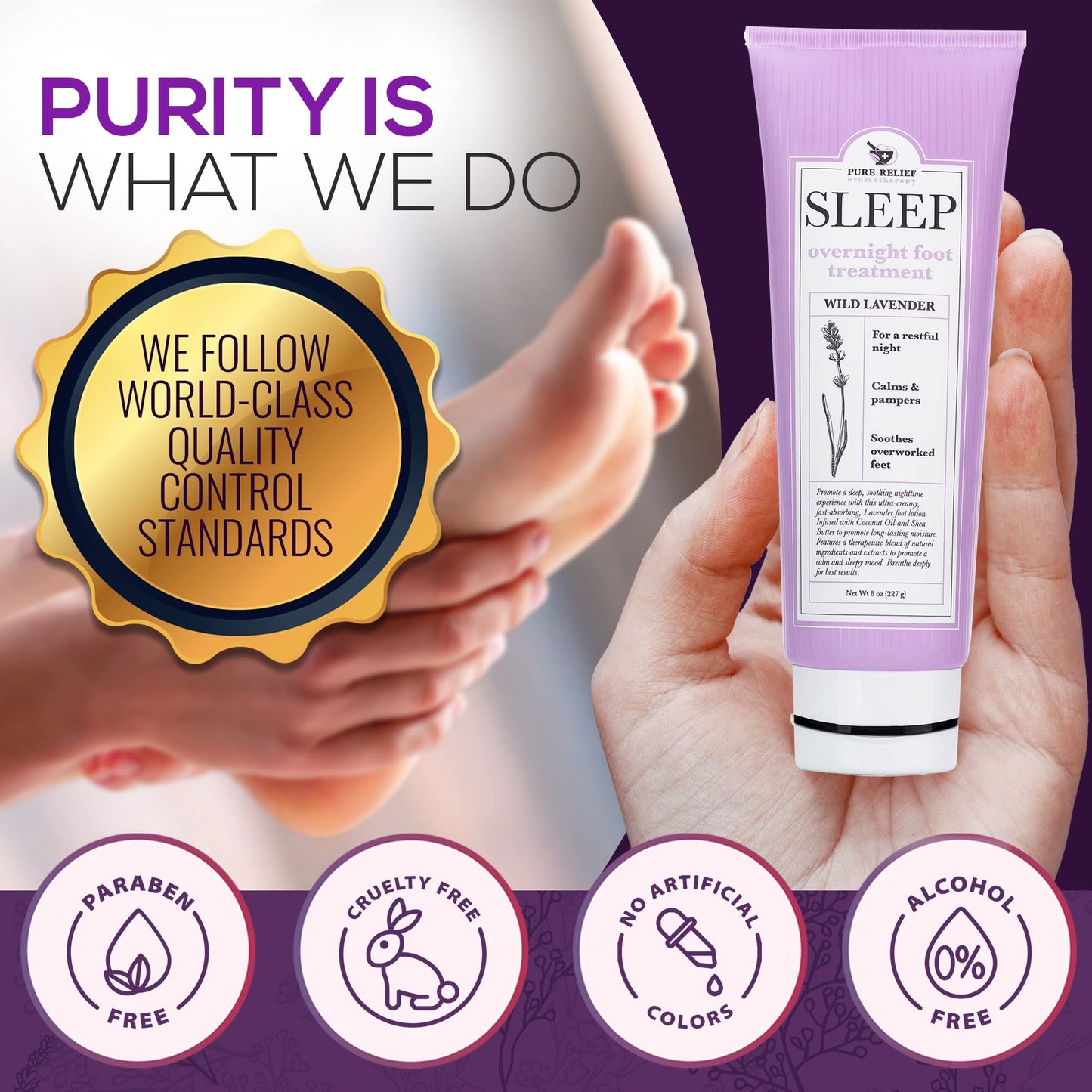 Pure Relief Relaxing Foot Lotion Moisturizer Cream For Dry Feet – Lavender Foot Care Cream W/Shea Butter, Aloe, & Coconut Oil – W/Soothing Scent, Pedicure Supplies, 8 Oz