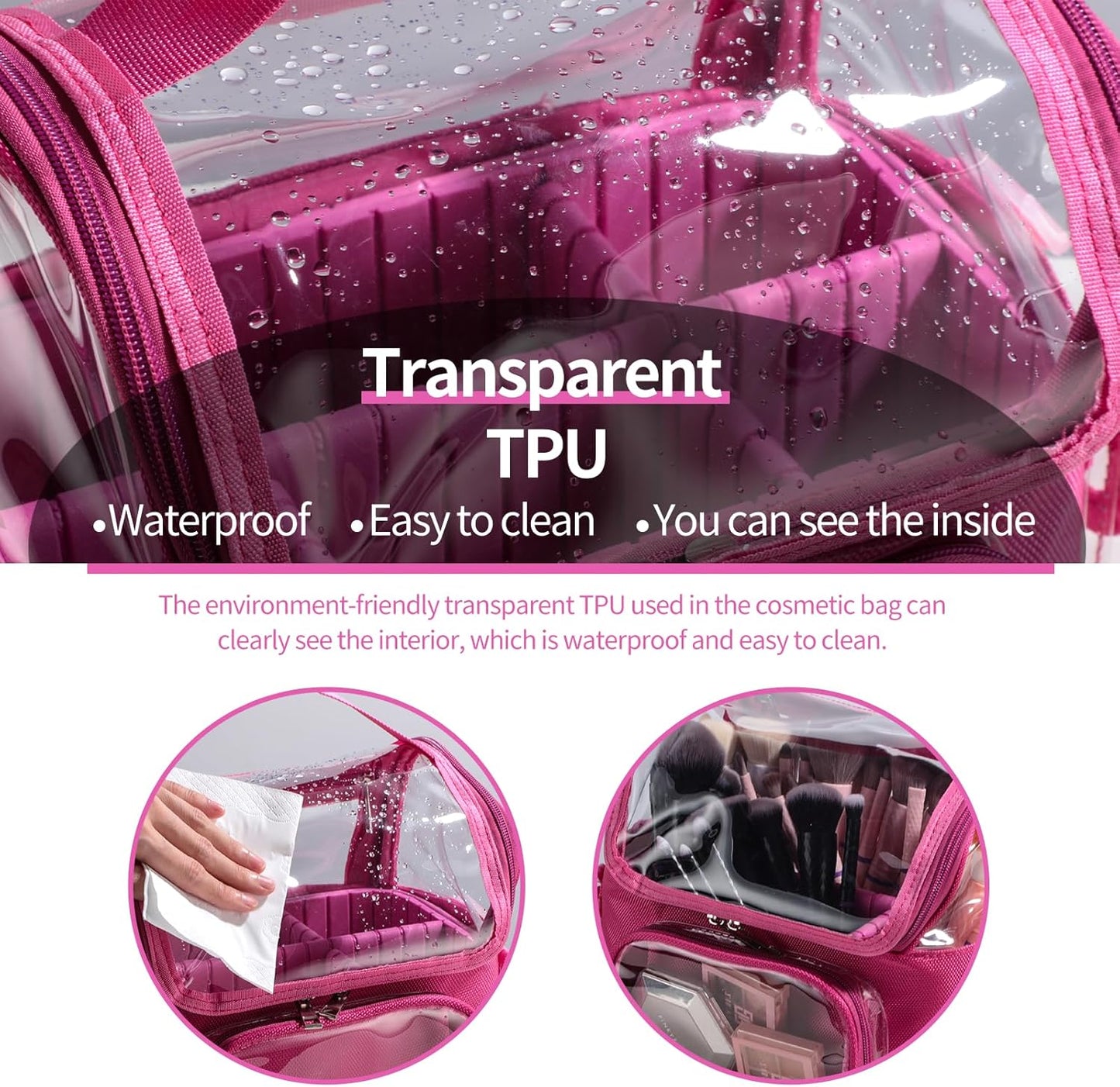 Transparent PVC Makeup Bag - Clear Travel Brush Organizer with Shoulder Strap | Hot Pink