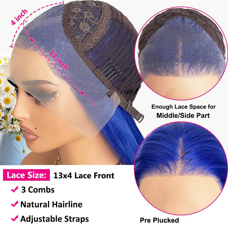 WKIPYCPK Blue Synthetic Lace Front Wig, Long Straight Dark Blue Lace Front Wig Pre Plucked Natural Hairline, Heat Resistant Fiber Hair Navy Blue Lace Front Synthetic Wigs for Fashion Woman