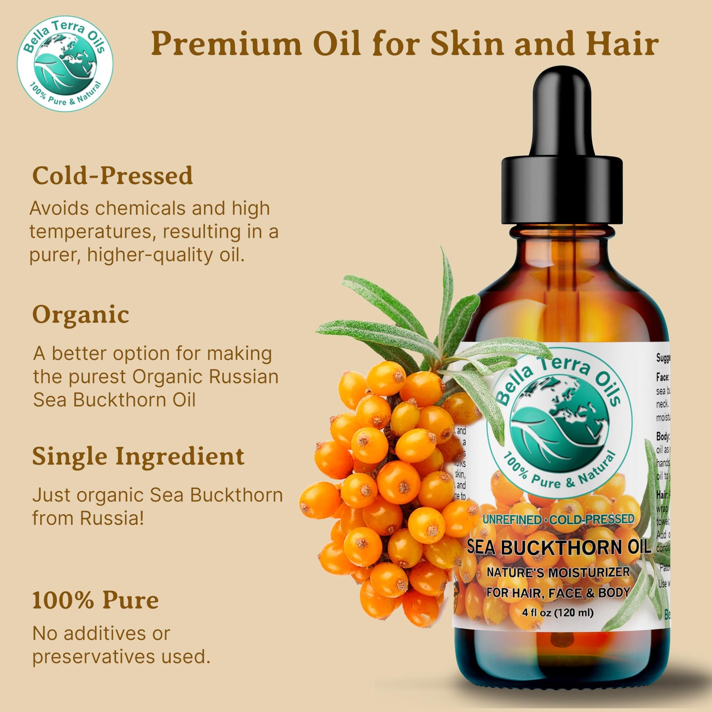 Bella Terra Oils - Sea Buckthorn Oil 16 oz - Capturing the Essence of Natural Sea Buckthorn Berries, Loaded with Omega-7 & Omega-9, A Sumptuous Embrace for Skin