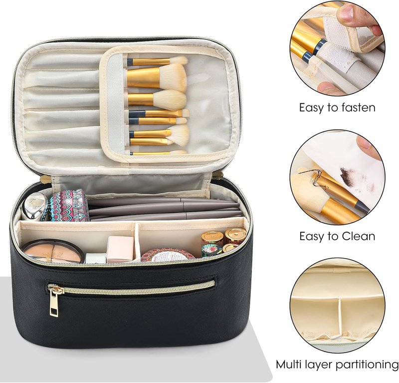 Travel Makeup Bag Organizer - Large Capacity Waterproof Cosmetic Pouch with Divider | Black Clamshell Case
