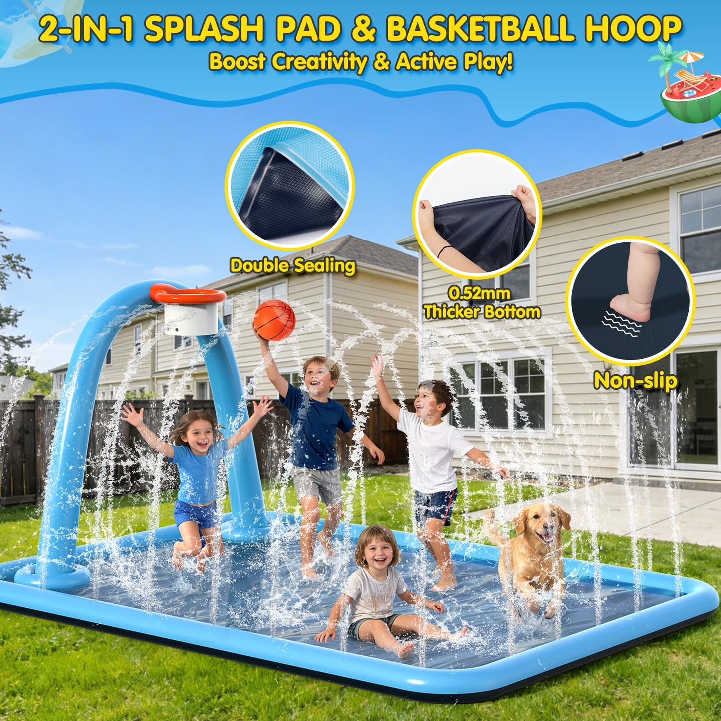 Instraella Splash Pad, 110x91'' 2-in-1 Large Sprinkler Mat with Basketball Hoop and Arch for Kids Outdoor Play, Shoot Game for Backyard, Inflatable Water OutdoorToys More Fun for Boys and Girls