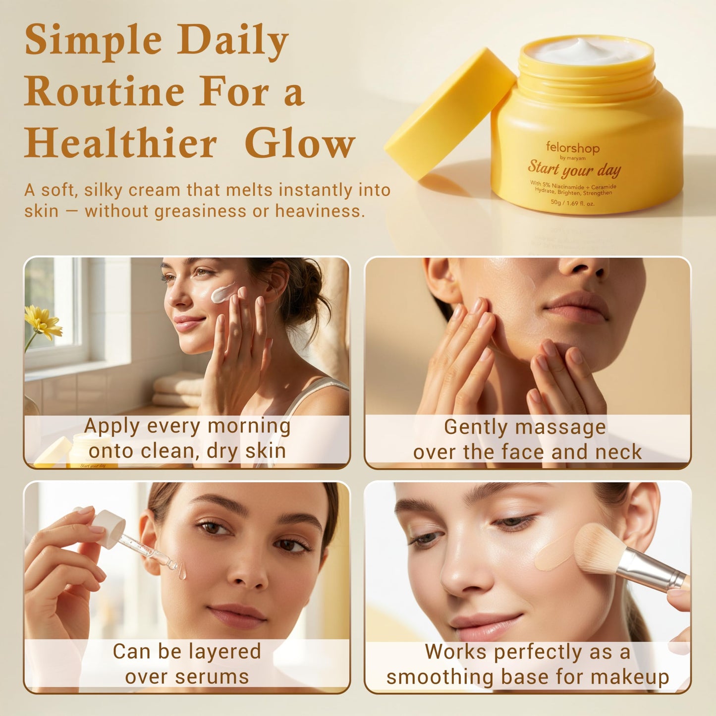 FelorShop Niacinamide Face Cream with 5% Niacinamide & Ceramides, Brightening Face Moisturizer for Dull Skin, Lightweight Daily Moisturizer, Glass Skin Glow Formula, 1.69 fl oz
