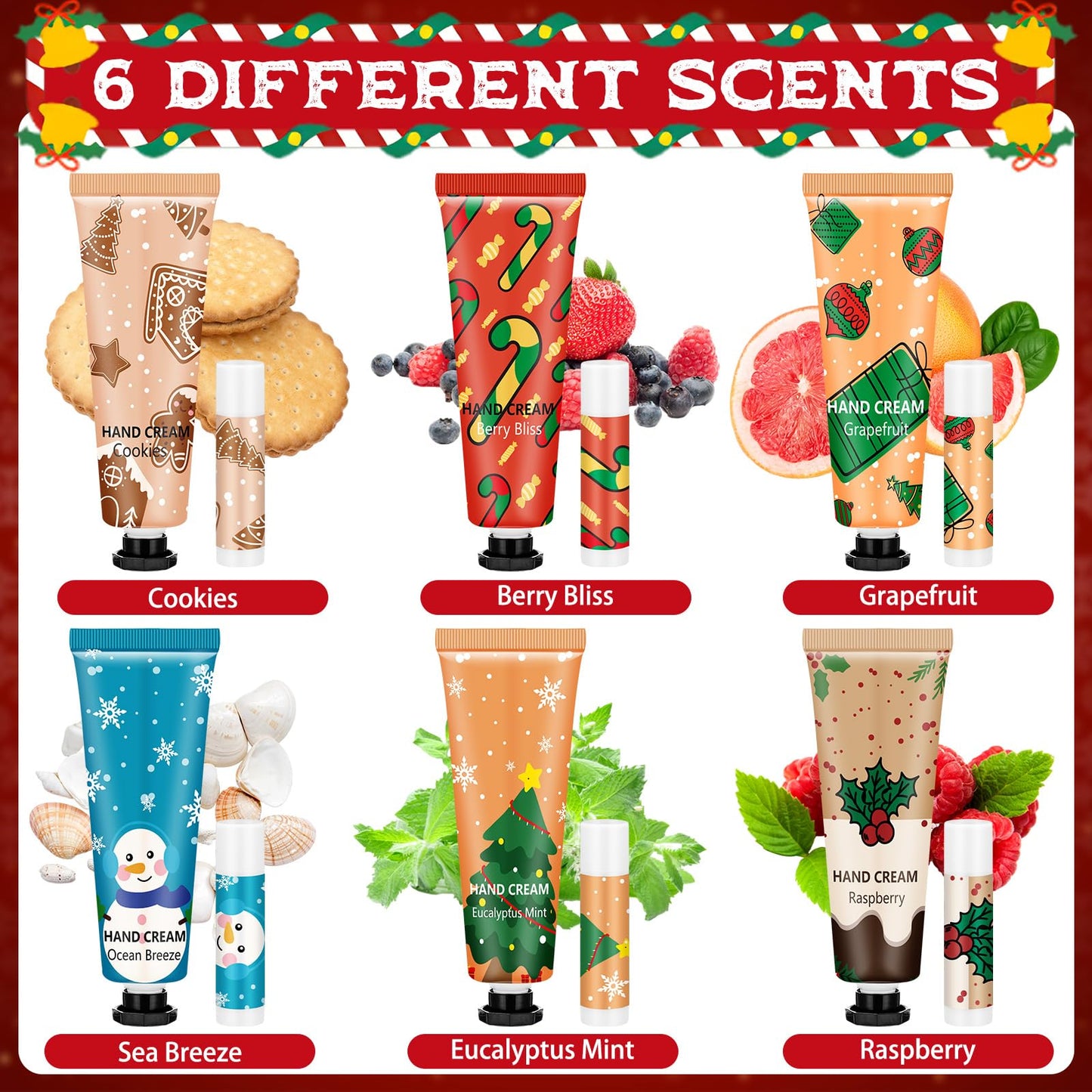Loopeer 36 Sets/144 Pcs Christmas Hand Cream and Lip Balm Gift Set for Women Bulk Mini Hand Lotion Travel Size for Dry Skin Stocking Stuffers with Greeting Card Organza Bags for Coworker Employee