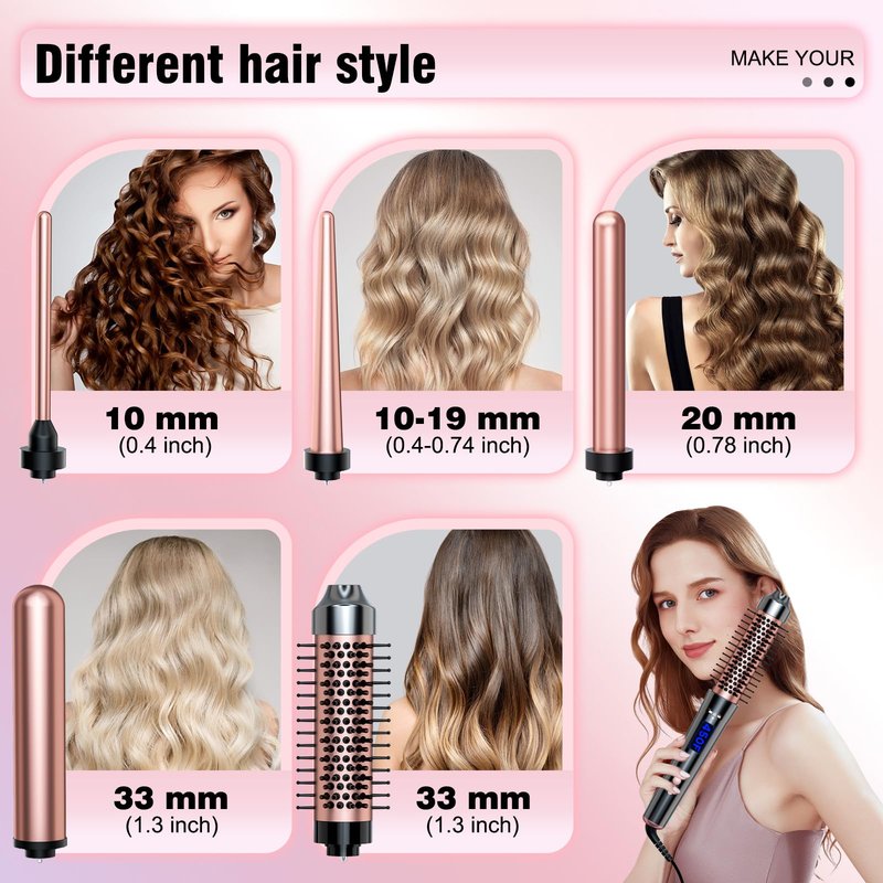 Bo'laiya 5 in 1 Curling Wand Set with Curling Brush and Temperature Display, 4 Interchangeable Ceramic Curling Wand(0.4'' - 1.3'') and Heat Protective Glove & 2 Clips -Rose Gold
