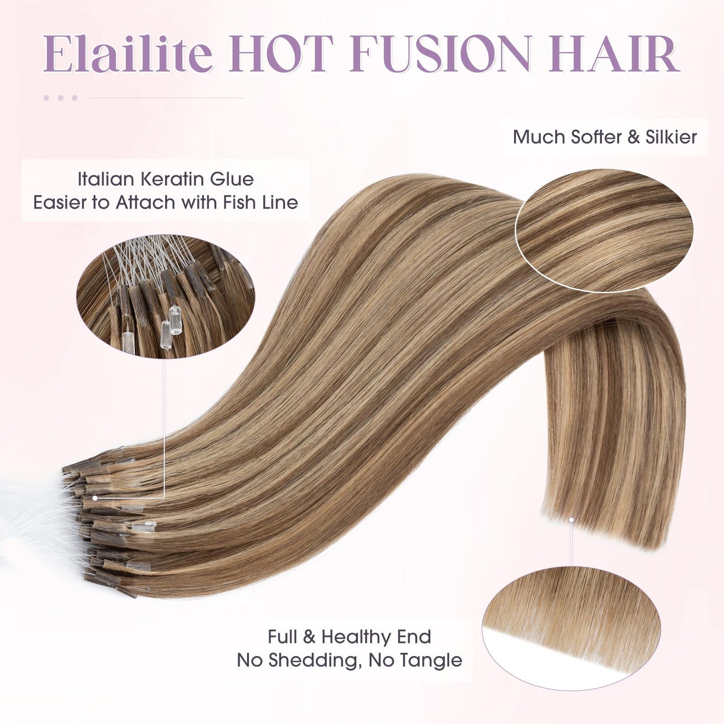 Elailite K Tip Hair Extensions Human Hair Real Remy Hair Medium Brown & Dark Blonde 14 Inch U Tip Ktip Utip Keratin Bond Hot Fusion Pre Bonded Hair Extensions for Women 50G 50Strands