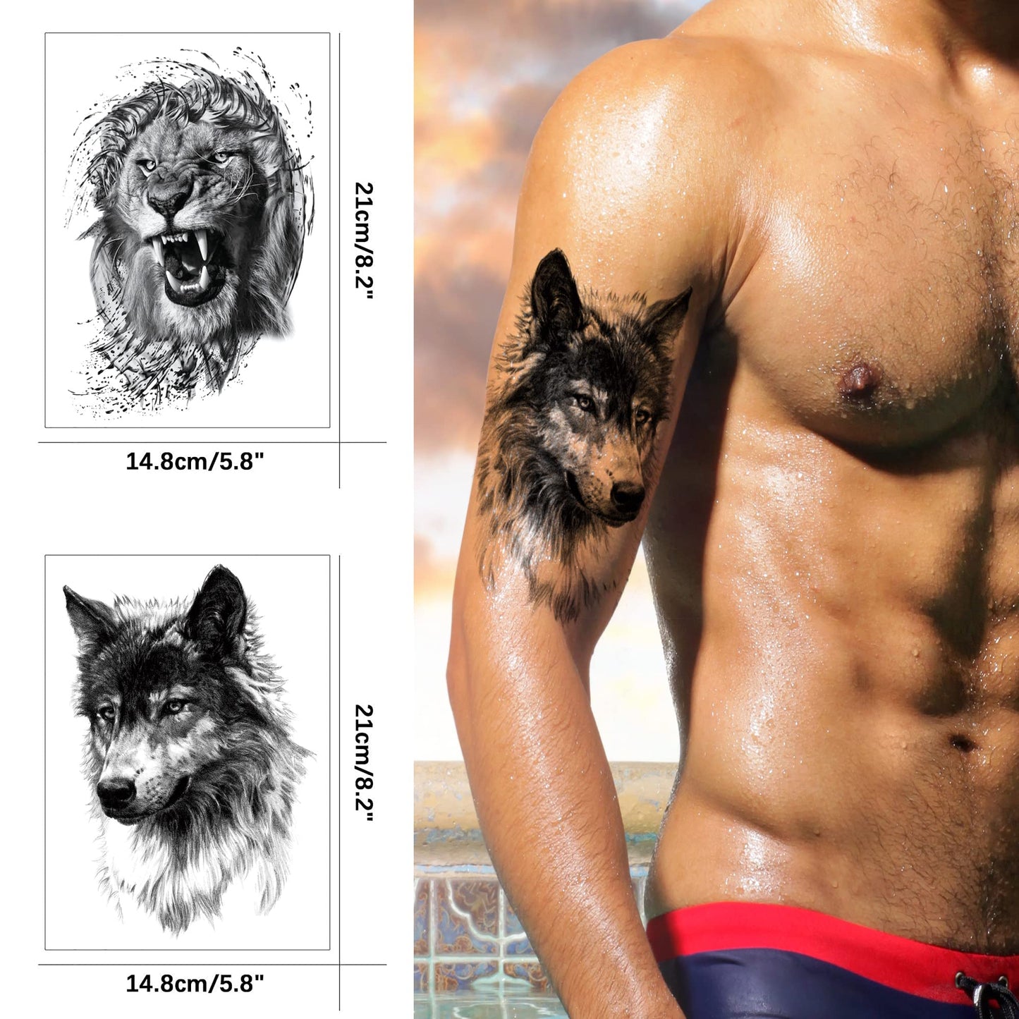 PADOUN Temporary Tattoos Animal, 6-Sheet Wolf Lion Large Temporary Tattoo for Men, Waterproof Long Lasting Tattoos Realistic Fake Tattoos for Women Kids