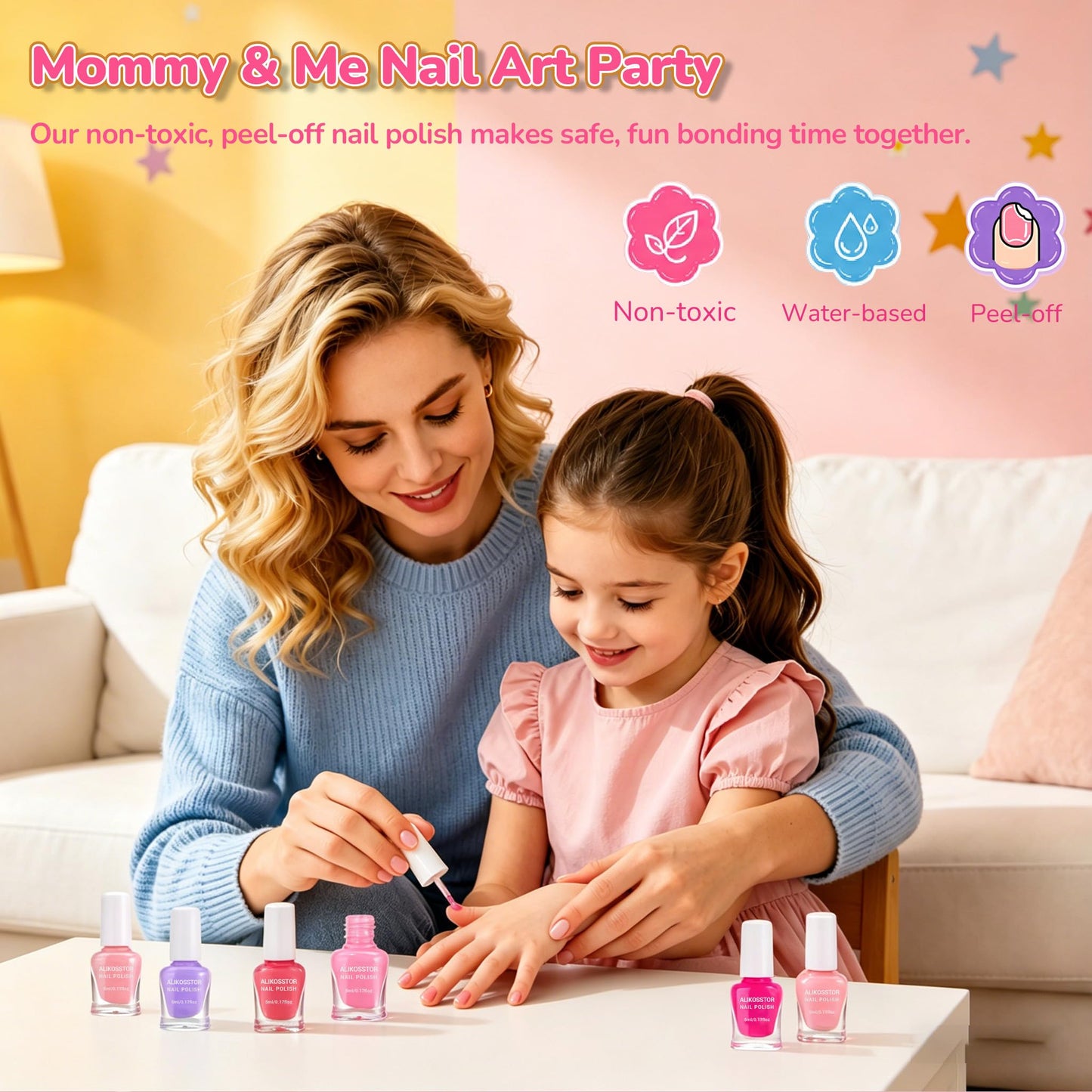 ALIKOSSTOR Kids Nail Polish Set, 10 Colors Non Toxic Water Based Peel Off Nail Polish, Quick Dry Toddler Nail Polish Kit, Safe Kids Manicure Set Birthday Gift for Girls