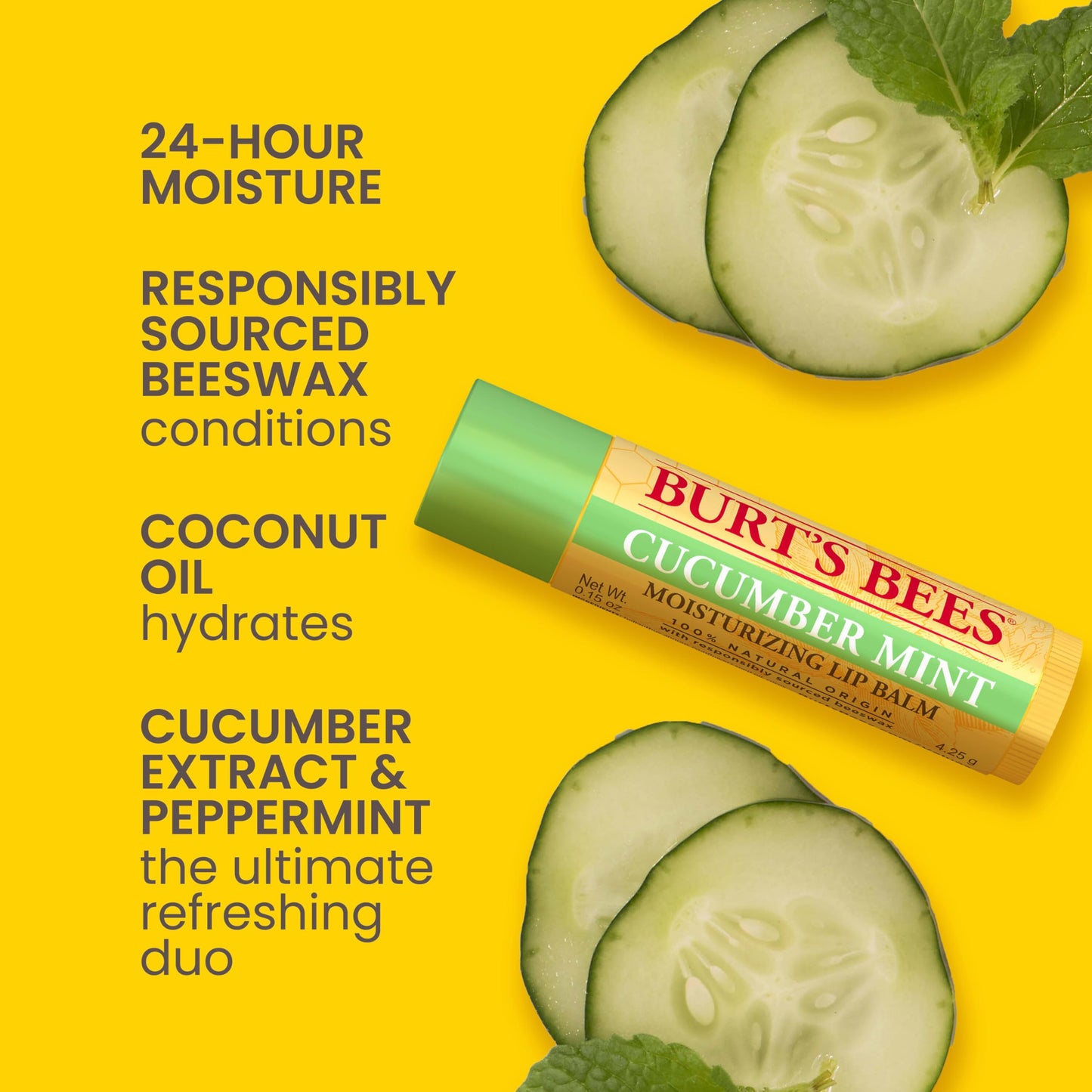 Burt's Bees 100% Natural Moisturizing Lip Balm, Multipack - Original Beeswax, Cucumber Mint, Coconut & Pear and Vanilla Bean with Beeswax & Fruit Extracts - 4 Tubes
