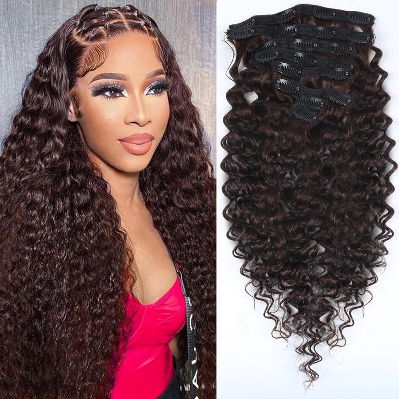 Curly Clip in Hair Extensions Real Human Hair 14inch 100g Invisible & Seamless 100% Brazilian Remy Human Extension Deep Wave Clip ins Extensions Double Weft 8 PCS with 20 Clips #2 Dark Brown