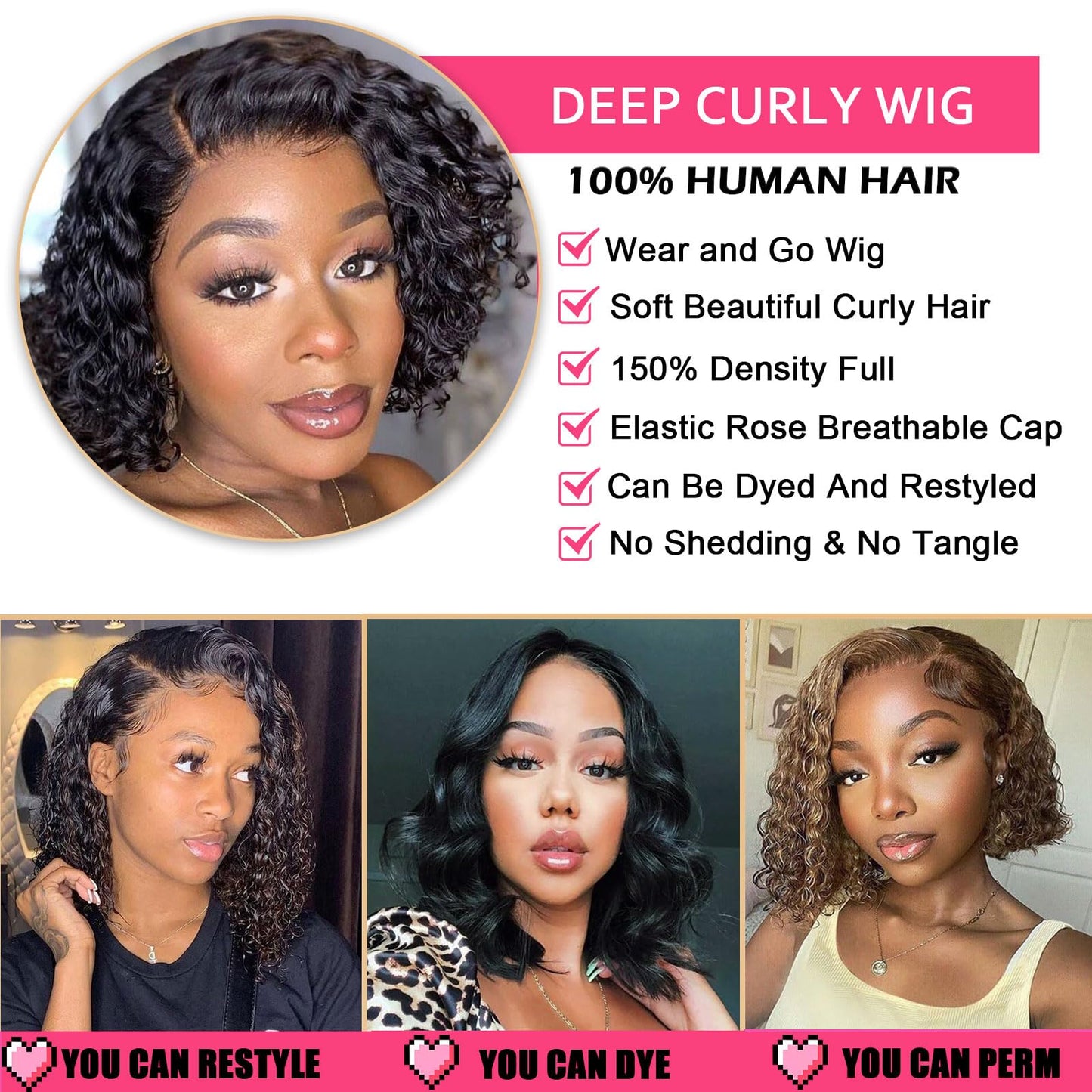 ManeMajesty Deep Curly Human Hair Wigs, Side Part Lace Front Pre Cut Lace, Wear and Go Glueless Wig 8 Inch Short Curly Bob Wigs for Women,100% Brazilian Human Hair,4/27/30 Brown Mixed Honey Blonde