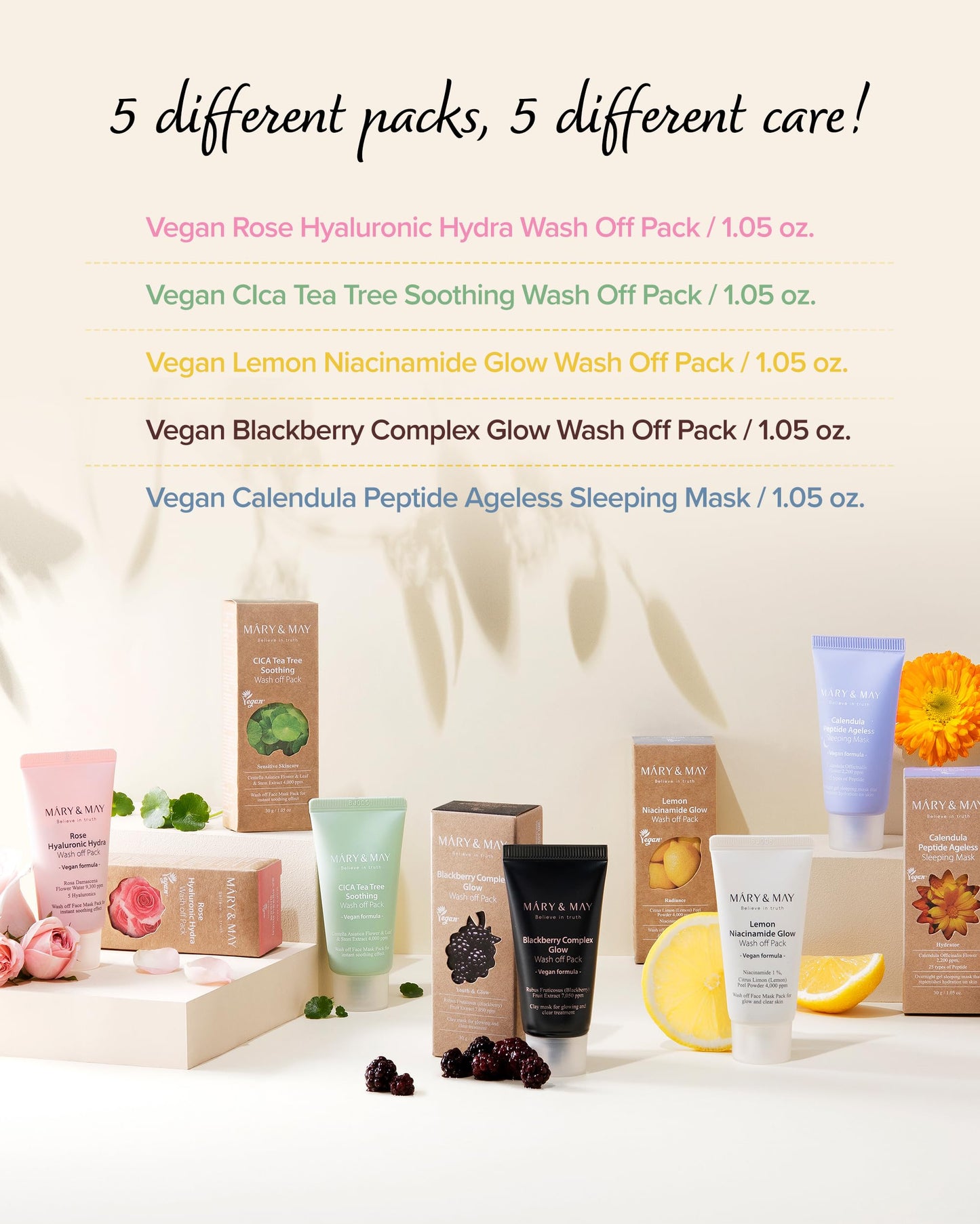 Mary&May Vegan Wash Off Mask Mini Gift Set - Cica Tea Tree, Rose Hyaluronic, Lemon Niacinamide, Blackberry Complex, Calendula Peptide - Soothing, Hydrating, Radiant Skin, Anti-Aging, 1.01oz. 5 Pack
