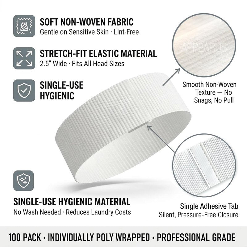 Disposable Stretch Facial Headbands - 100 Count Snag-Free Adhesive for Spa & Estheticians | White