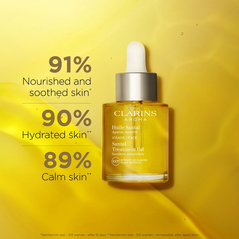 Clarins Santal Face Oil Treatment | Hydrates, Smoothes and Comforts Skin |Calms Redness and Irritations|Visibly Minimizes Fine Lines|Skin Is Immediately Soft*|100% Natural Plant Extracts|Dry Skin Type
