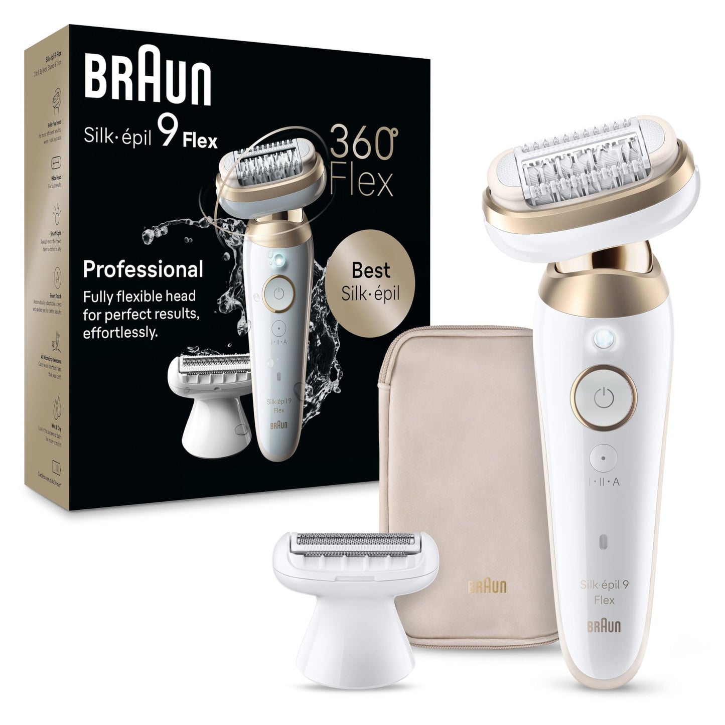 Braun Silk-épil 9 Flex Epilator, 360 Flex and Pivoting Head, Wet and Dry, Includes Shaver Head, Trimmer Comb, SES9-041 3D, Tinted Gold