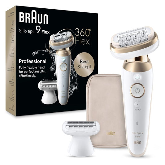 Braun Silk-épil 9 Flex Epilator, 360 Flex and Pivoting Head, Wet and Dry, Includes Shaver Head, Trimmer Comb, SES9-041 3D, Tinted Gold