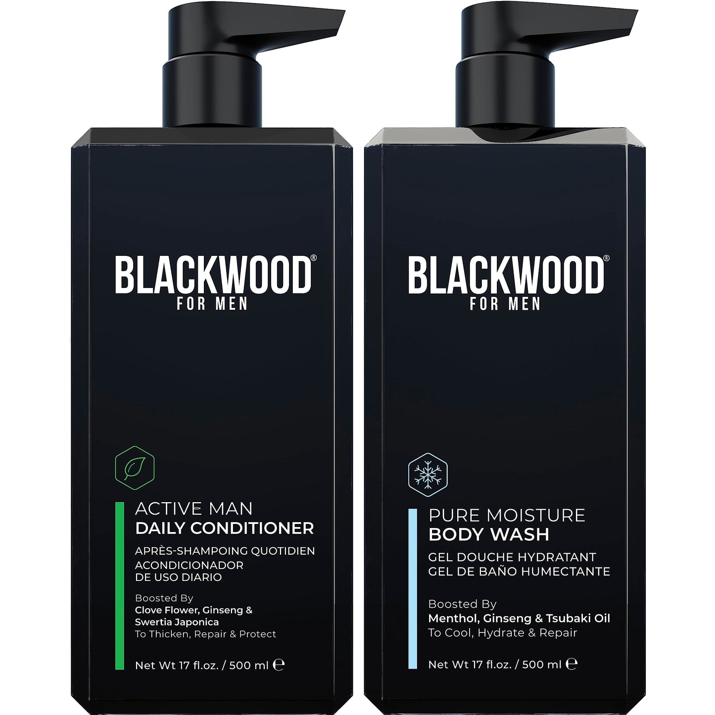 BLACKWOOD FOR MEN Active Man Daily Conditioner (17oz) and Pure Moisture Body Wash (17oz) Bundle - Natural Vegan Formula - Sulfate Free, Paraben Free, & Cruelty Free