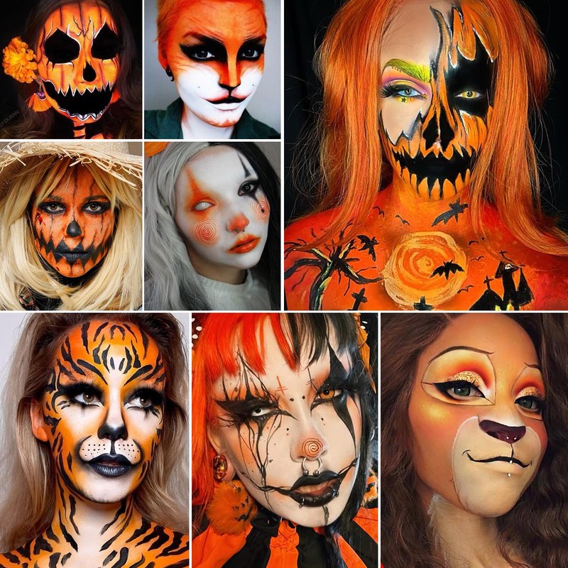 Black Yellow Orange Face Body Paint Kit, Pumpkin Halloween Makeup Cream Bodypaint with Brushes & Sponge Applicators , Facepaint Set for Scarecrow Clown Tiger Lion Fox Costume Cosplay SFX Looks
