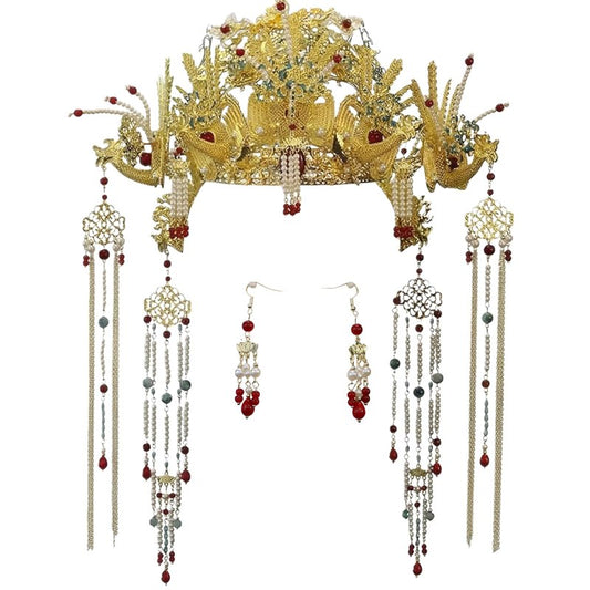 Chinese Wedding Bride Hair Accessory Chinese Crown Wedding Hair Accessories Golden Flower Floral Beaded Flapper Headband Jeweled Bridal Wedding Tiara (Phoenix)