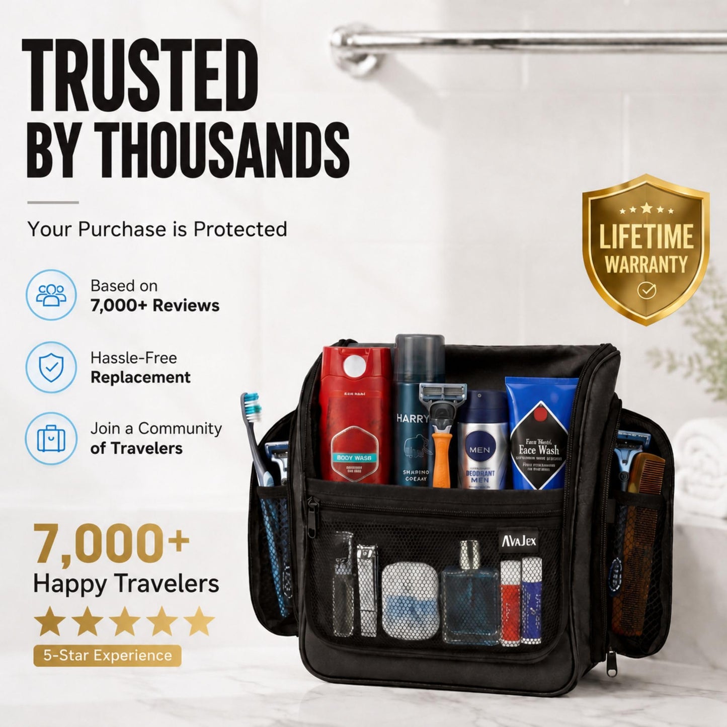AvaJex Travel Toiletry Bag for Men - Large Dopp Kit (10.6"x10.6"x3.2") - Hanging Waterproof Mens Hygiene Organizer Bag with XXL Metal Swivel Hook, Sturdy Zippers and 19 Compartments for Toiletries