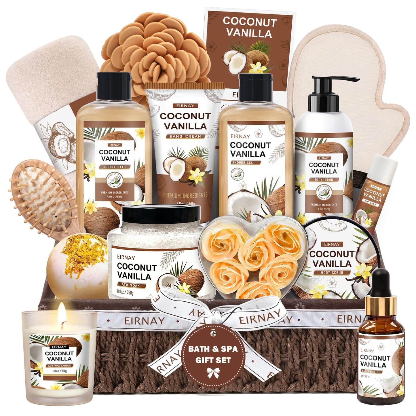 EIRNAY Mothers Day Gifts For Women - 16 PCS Birthday Gift Basket for Women Set of Coconut Vanilla Self Pampering Set, Includes Luxurious Home Spa Shower Gel Bubble Bath