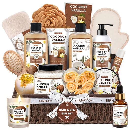 EIRNAY Mothers Day Gifts For Women - 16 PCS Birthday Gift Basket for Women Set of Coconut Vanilla Self Pampering Set, Includes Luxurious Home Spa Shower Gel Bubble Bath