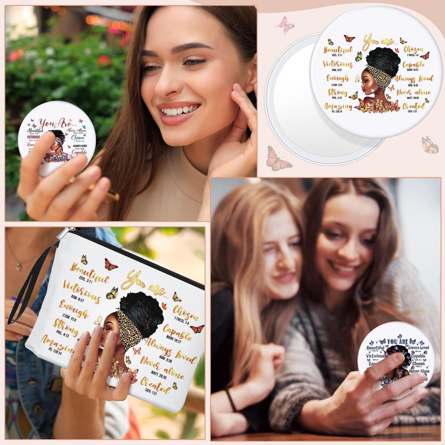 Roowest 40 Pcs Black Women Gifts Bulk Makeup Bag with Inspirational Compact Mirrors, Funny Small Travel Cosmetic Gifts for Vbs Back to School Teacher Students Black Women