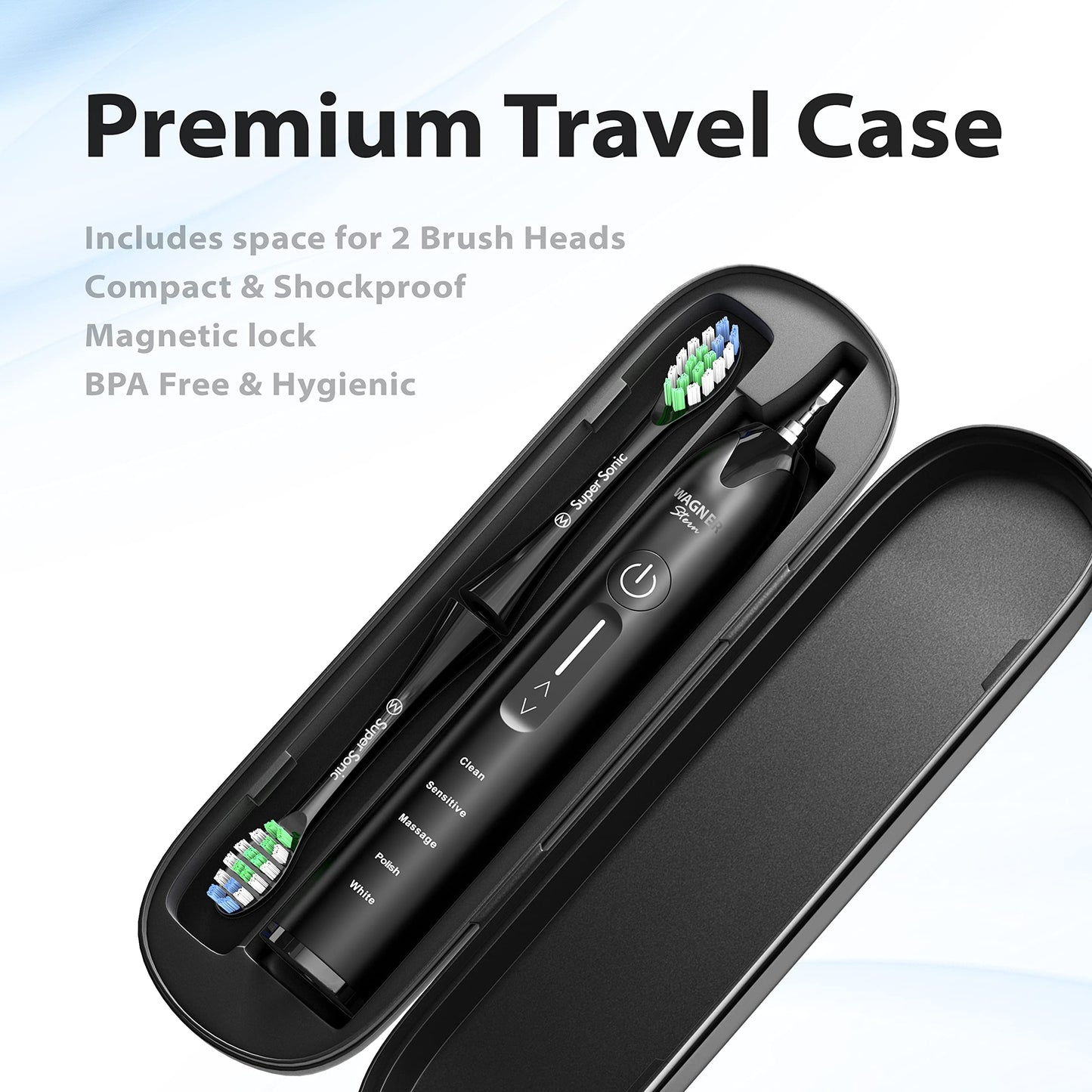Wagner Stern Ultrasonic whitening Toothbrush with Pressure Sensor. 5 Brushing Modes and 4 Levels of Intensity, 8 Soft bristles, Travel case.