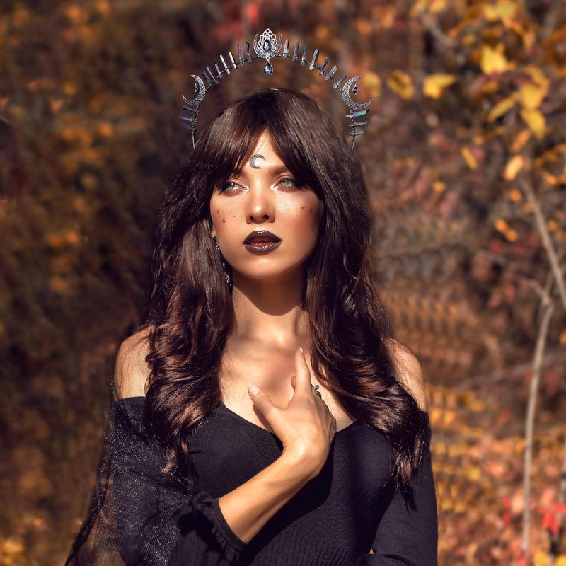Goth Goddess Halo Crown - Black Moon Star Headband | Gothic Quartz Crystal Headdress for Festivals & Cosplay