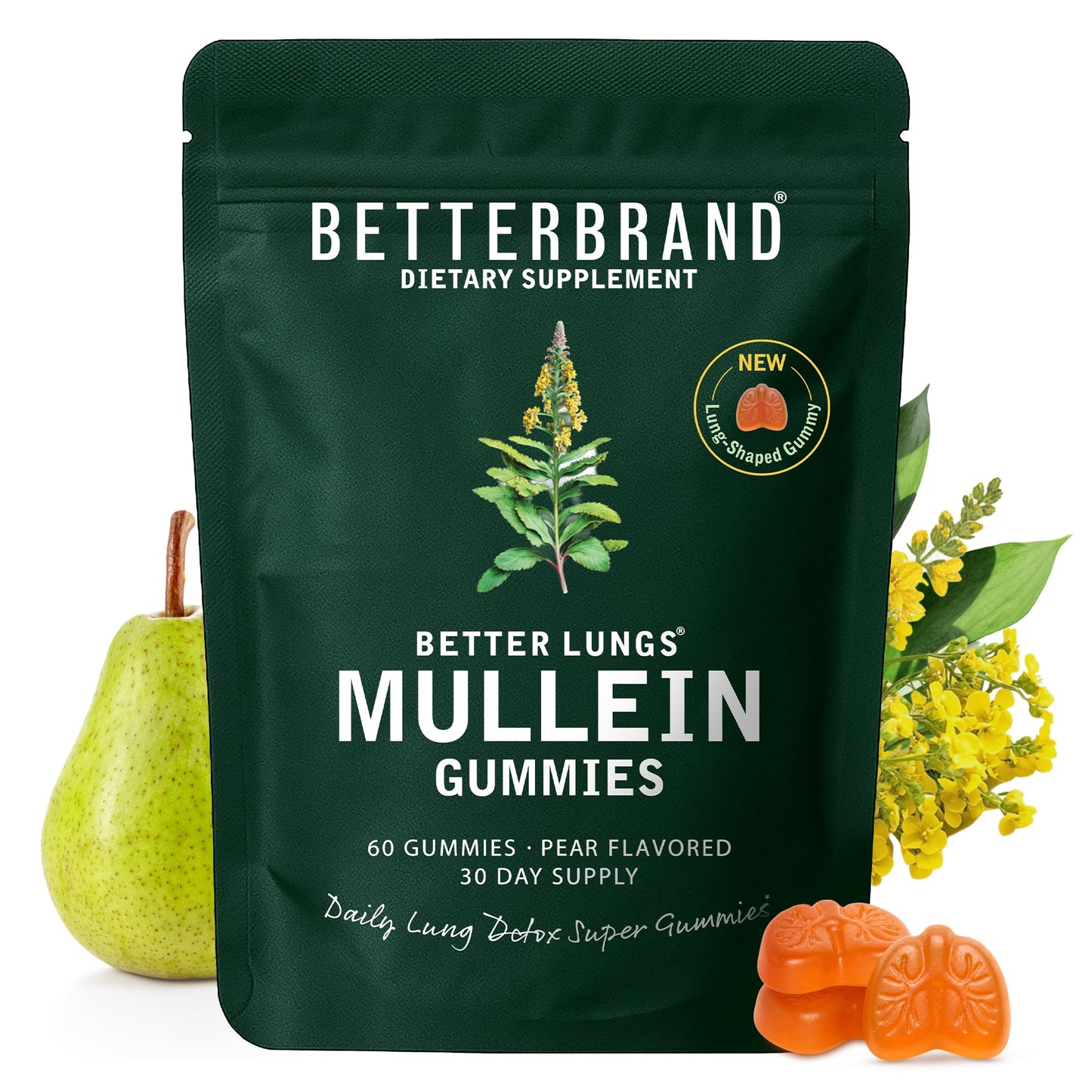 Betterbrand Mullein Chewable Gummies for Lung Cleanse and Detox, Respiratory Health Supplement, 2000mg Mullein Extract per Serving, 50:1 Extract - 30 Day Supply - Pear Flavored
