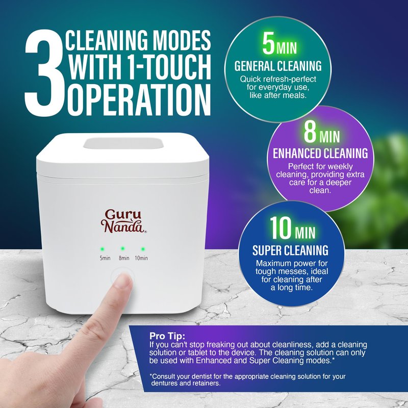 GuruNanda Retainer & Aligner Cleaning Pod for Retainers, Dentures, Mouthguards, Aligners, & Jewelry, 3 Modes, 45kHz Ultrasonic Retainer Cleaner, 190 ml Capacity