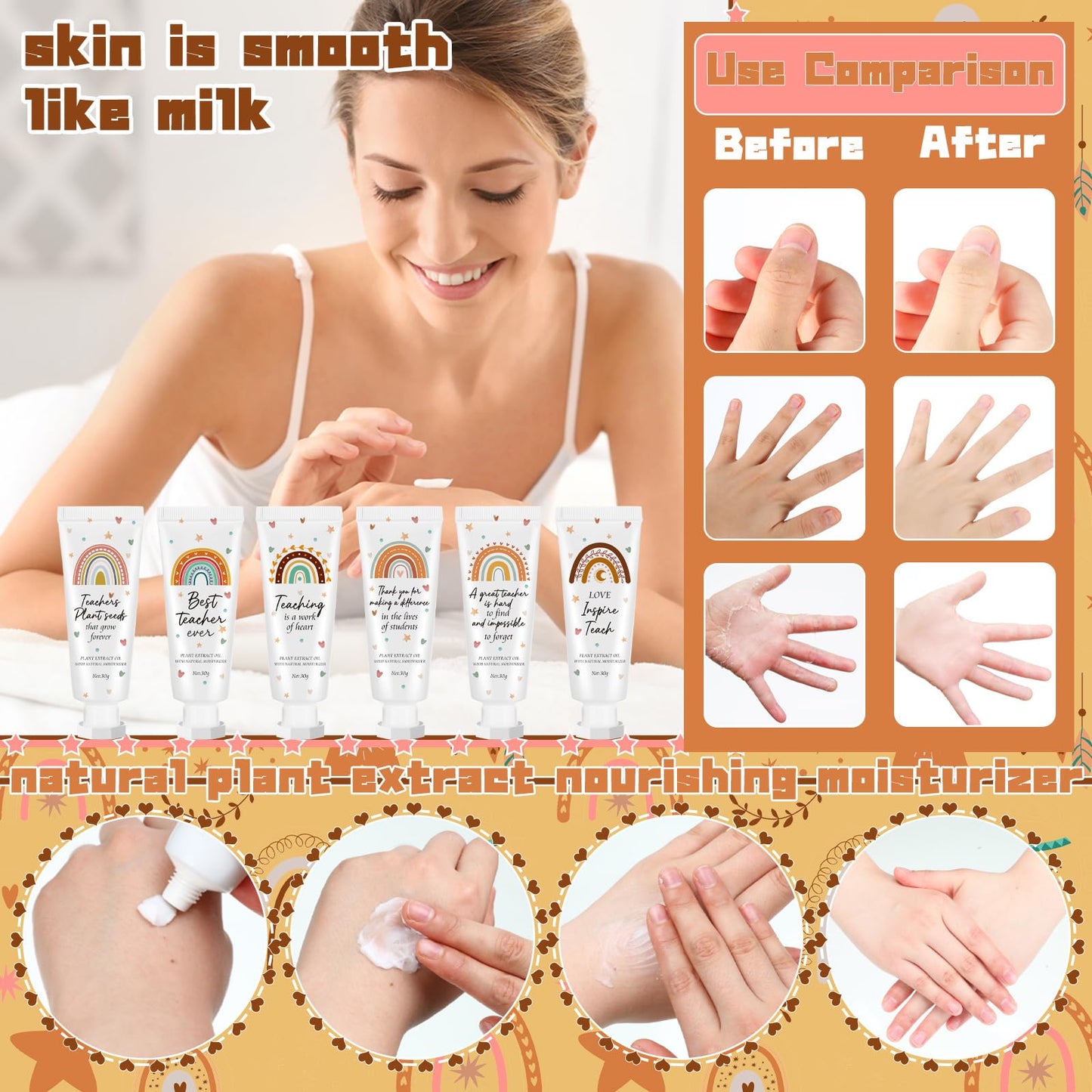 Dansib 36 Pcs Teacher Appreciation Gift Bulk Hand Cream Boho Rainbow Teacher Employee Staff Appreciation Hand Lotion Team Gift Bulk Travel Size Lotion Cream Moisturizing for Women Men Coworkers