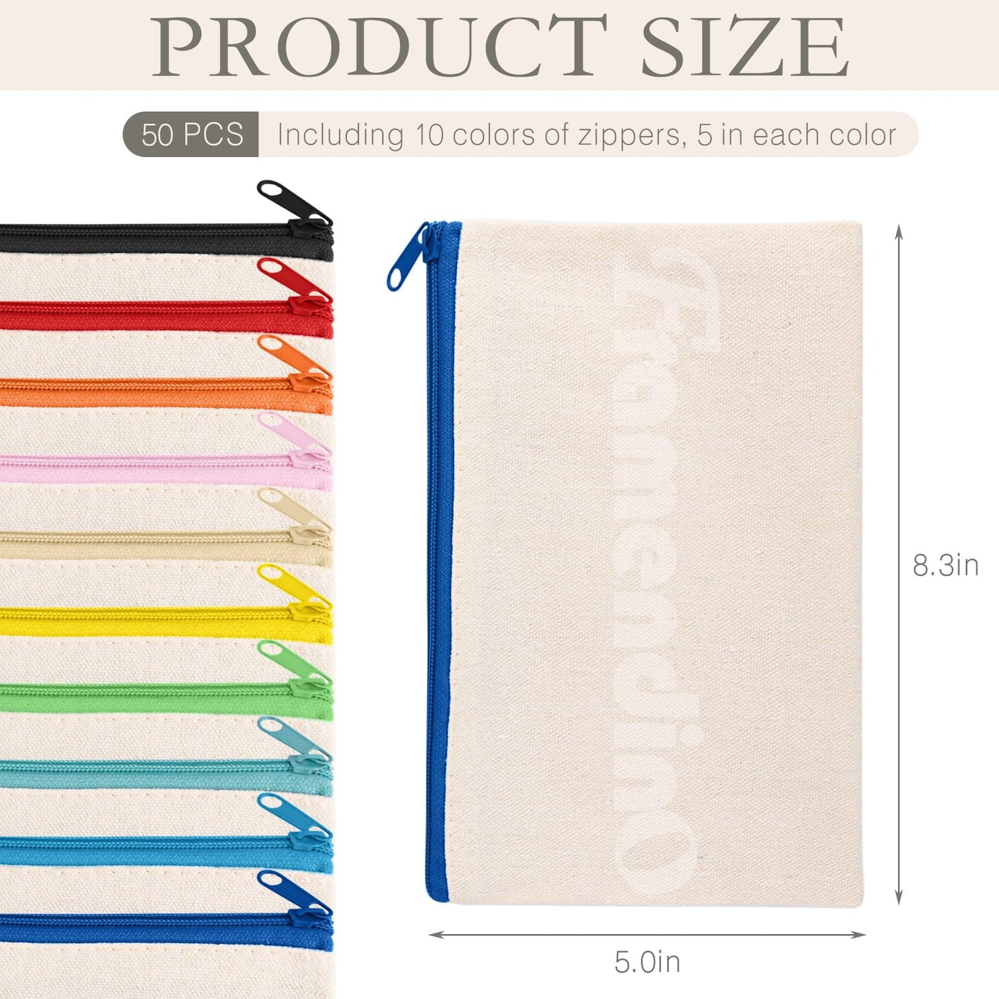 Framendino, 50 Pack Sublimation Blank Canvas Makeup Bags 8.3 x 5 Inch DIY Heat Transfer Cosmetic Pencil Pouches Travel Toiletry with Zipper for Crafts (10 Colors)