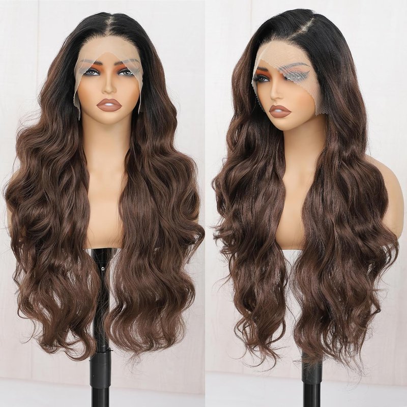 13x6 Lace Front Wig - Ombre Brown HD Lace Body Wave, Pre-Plucked, 28 Inch Long Wavy Synthetic Hair
